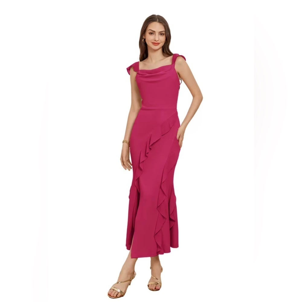 Grace Karin Fuchsia Pink Ruffle Midi Dress